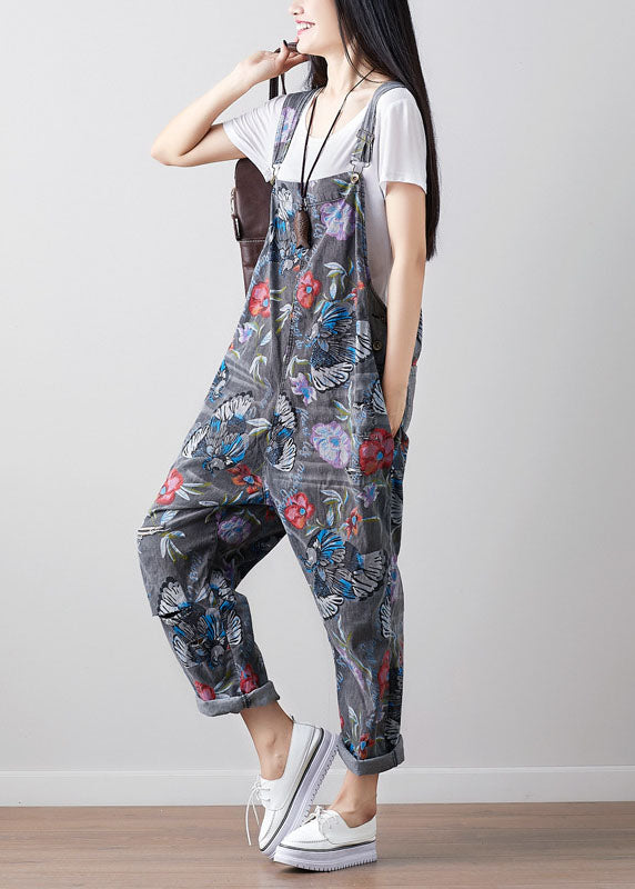 Dark Gray Print Cowboy Jumpsuit Spring