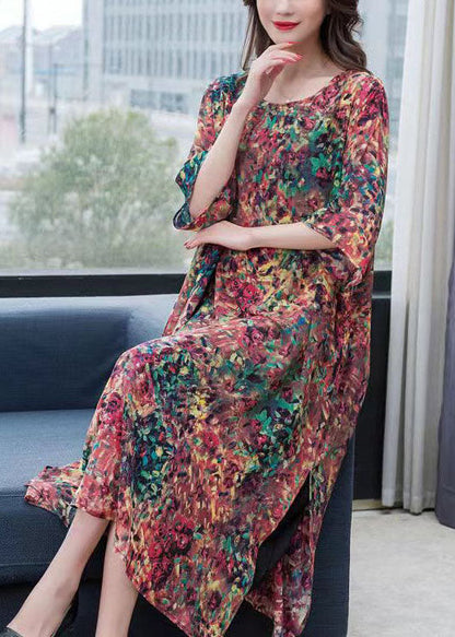 O Neck Print Side Open Patchwork Chiffon Dress Summer