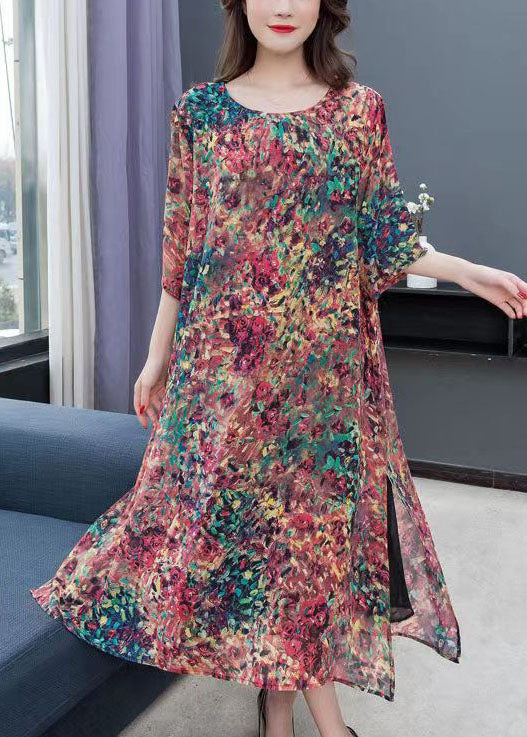 O Neck Print Side Open Patchwork Chiffon Dress Summer
