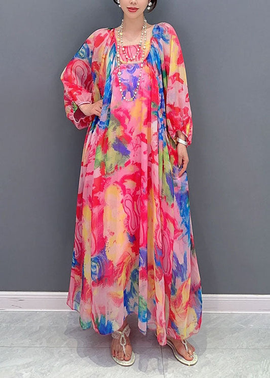 Wrinkled Lace Up Patchwork Chiffon Long Dress Summer