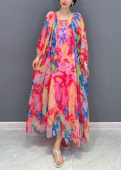 Wrinkled Lace Up Patchwork Chiffon Long Dress Summer
