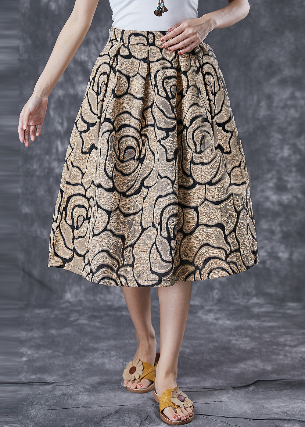 Golden High Waist Jacquard a Line Skirts Summer
