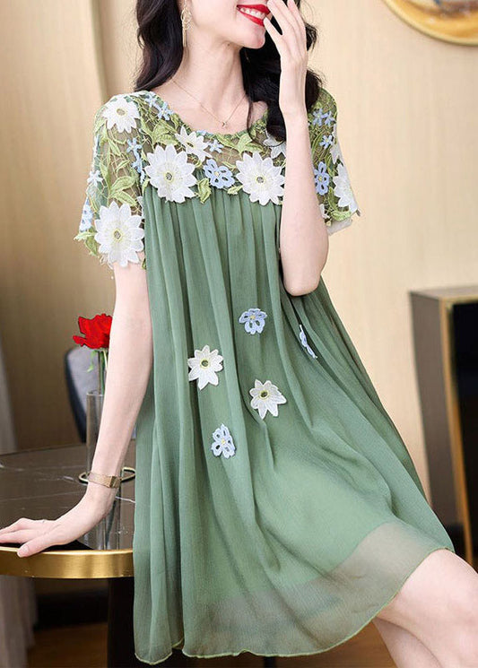 Green O-neck Embroideried Patchwork Tulle Mid Dresses Short Sleeve