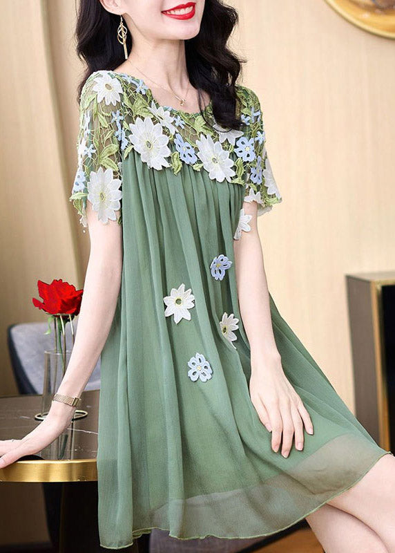 Green O-neck Embroideried Patchwork Tulle Mid Dresses Short Sleeve