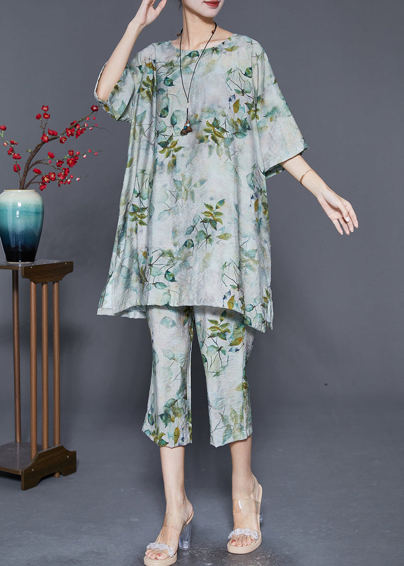 Green O-neck Leaf Print Linen Two Pieces Set Summer