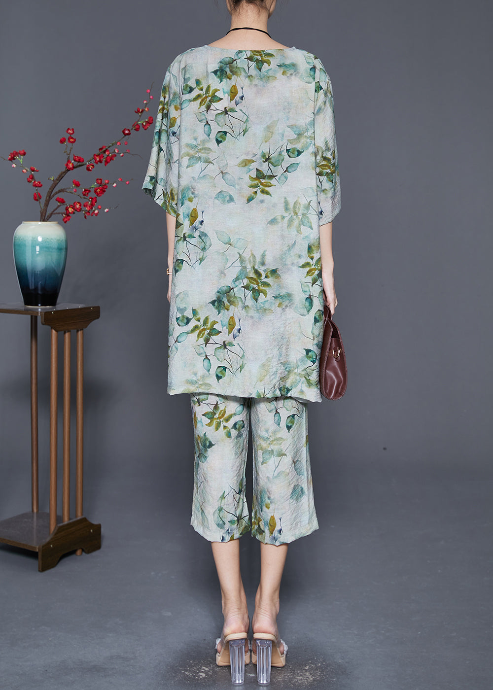 Green O-neck Leaf Print Linen Two Pieces Set Summer