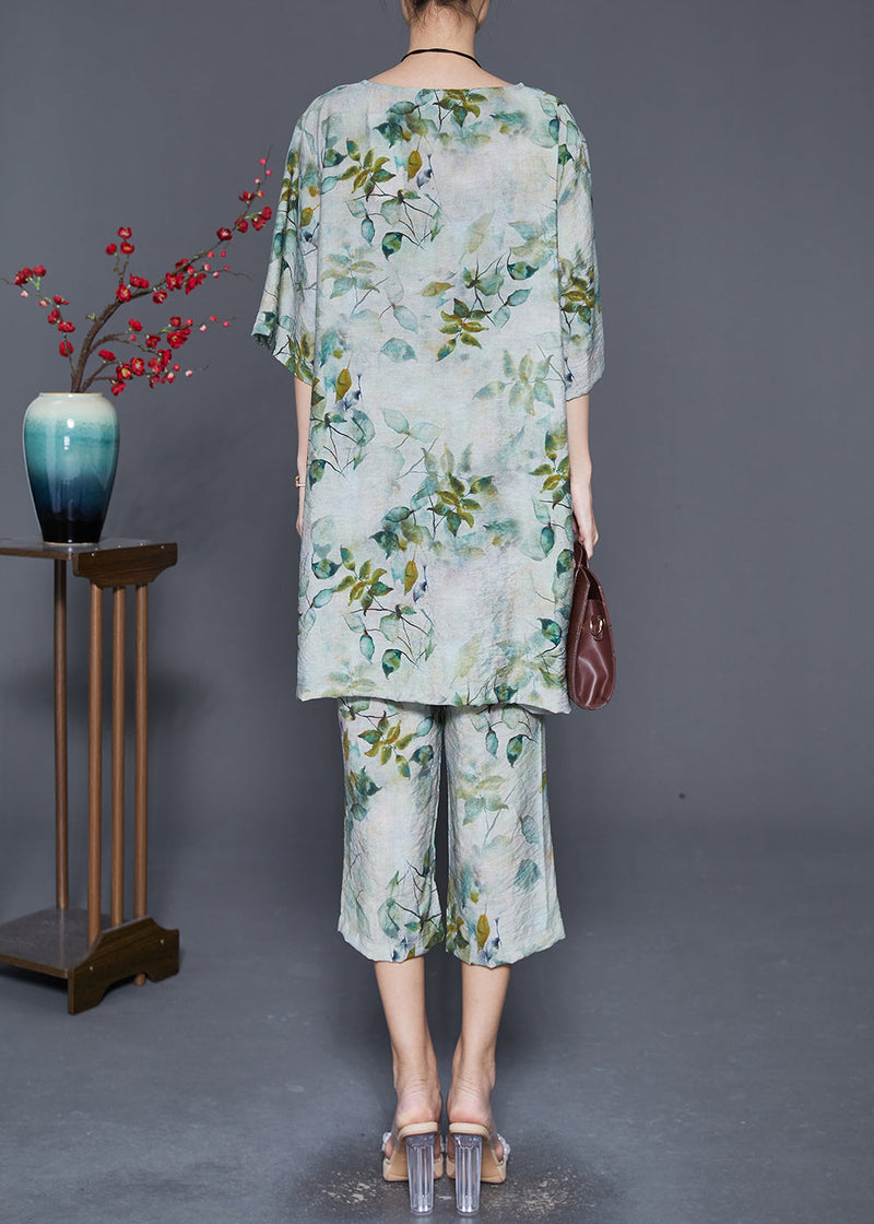 Green O-neck Leaf Print Linen Two Pieces Set Summer