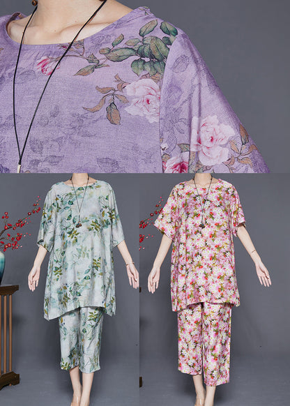 Green O-neck Leaf Print Linen Two Pieces Set Summer