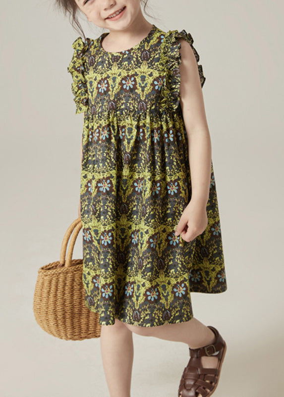 Green O-neck Print Ruffled Wrinkled Cotton Mid Dress Sleeveless