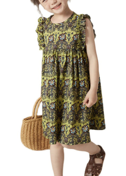 Green O-neck Print Ruffled Wrinkled Cotton Mid Dress Sleeveless