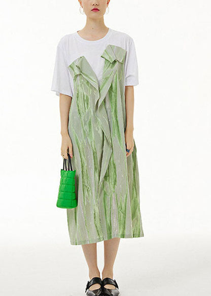 Green O-neck Wrinkled Print Patchwork Cotton Dress Summer