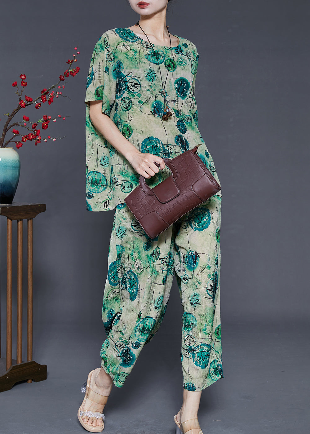 Green Oversized Print Cotton Two Pieces Set Summer