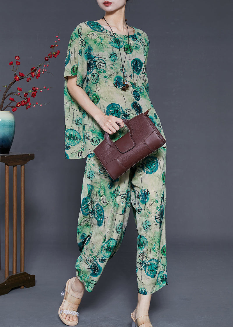 Green Oversized Print Cotton Two Pieces Set Summer