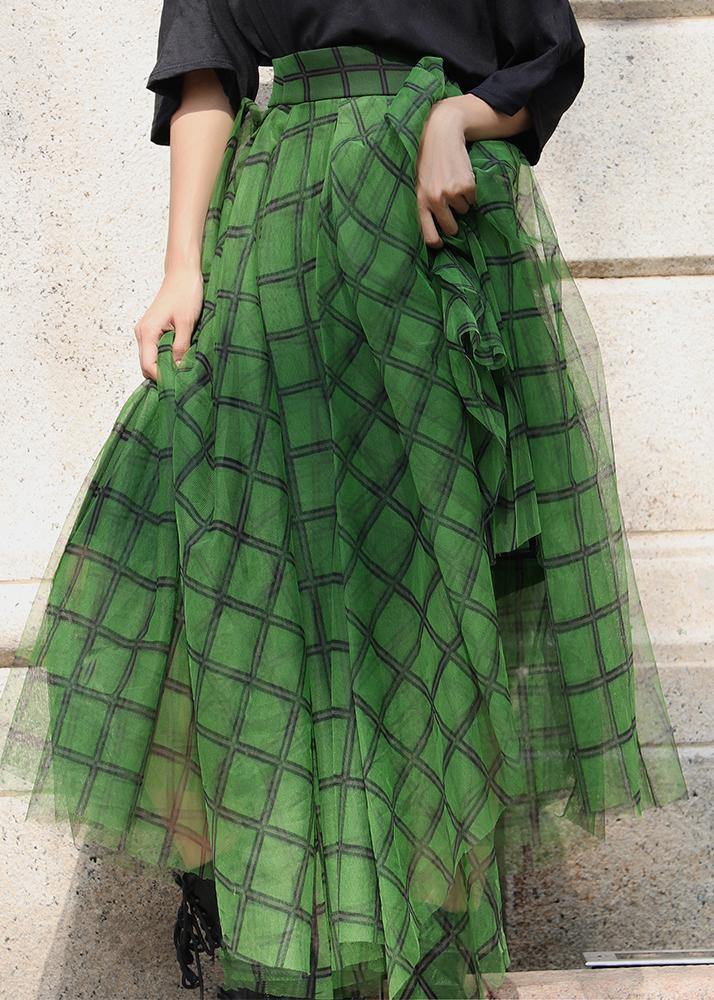 Green Plaid Tulle Asymmetrical Design Skirt Summer