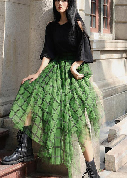 Green Plaid Tulle Asymmetrical Design Skirt Summer