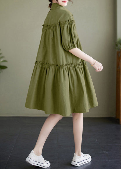 Green Ruffled Patchwork Wrinkled Cotton Mid Dress Summer
