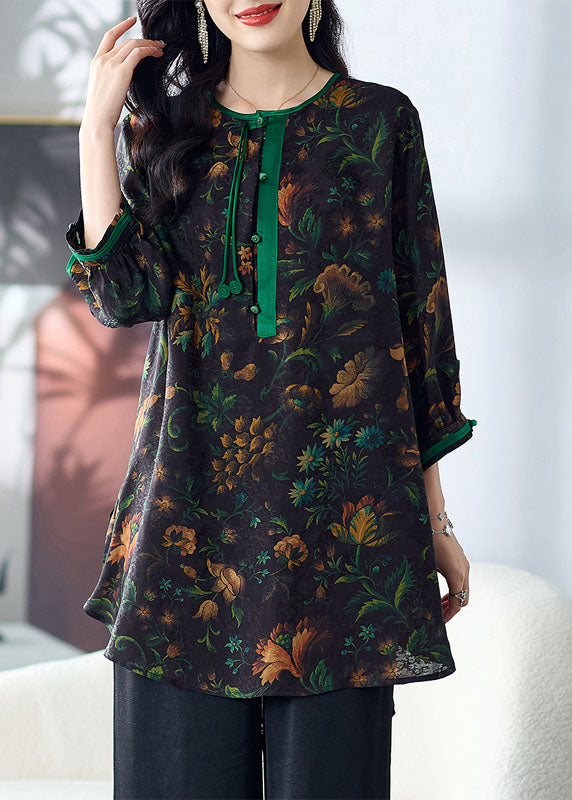 Green Tasseled Print Button Patchwork Silk Top Summer