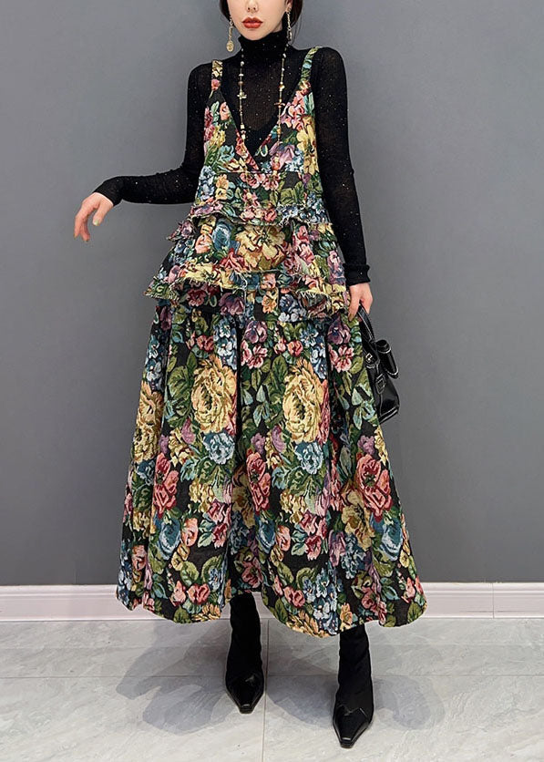 Green V-neck Print Ruffles Cotton Dresses Two Pieces Set Winter