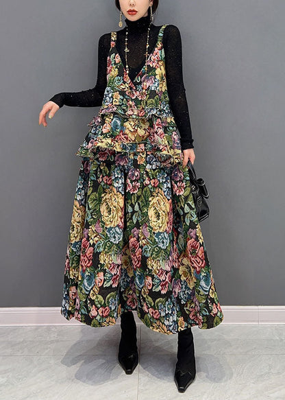 Green V-neck Print Ruffles Cotton Dresses Two Pieces Set Winter