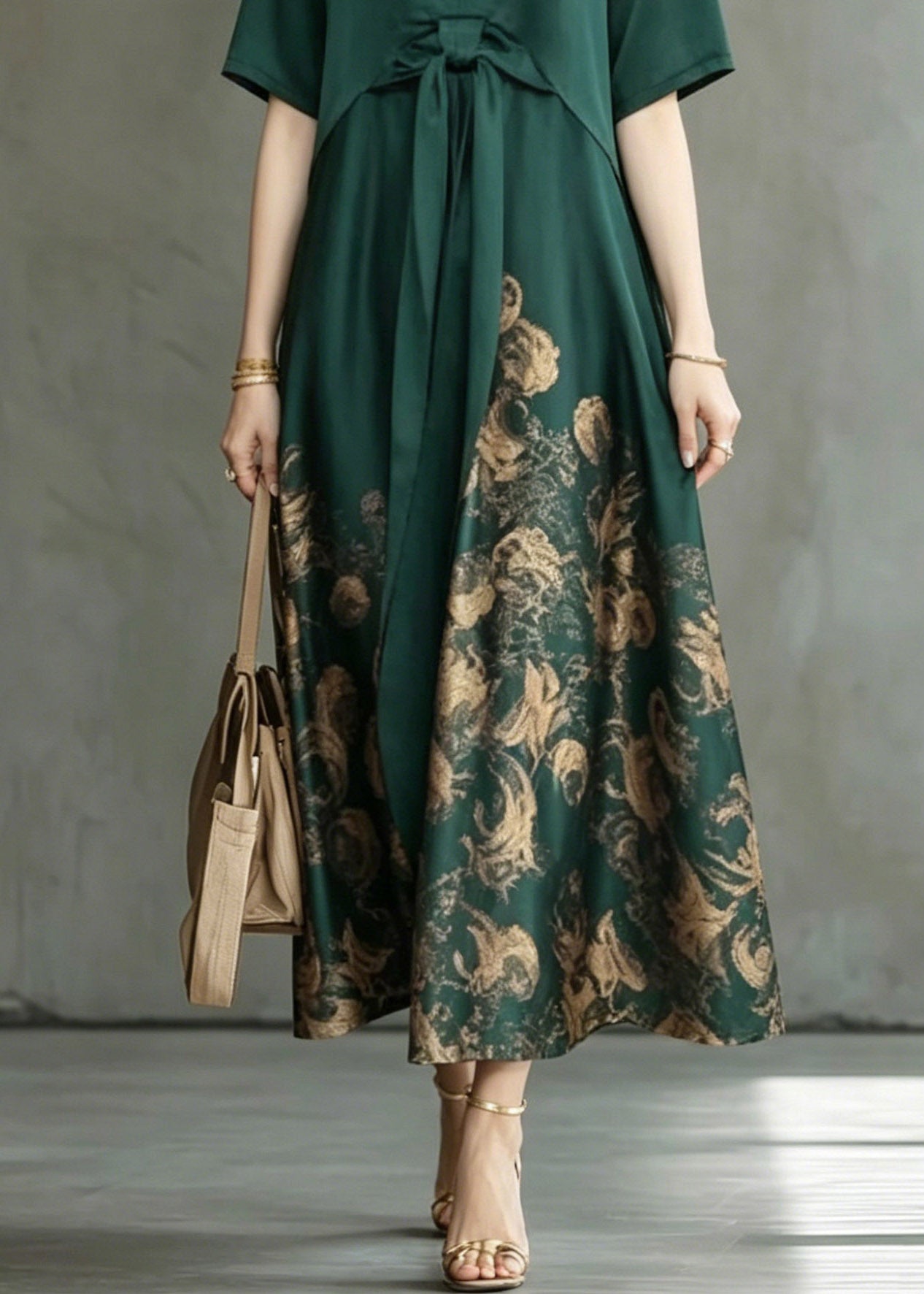Green Wrinkled Patchwork Maxi Dress Short Sleeve