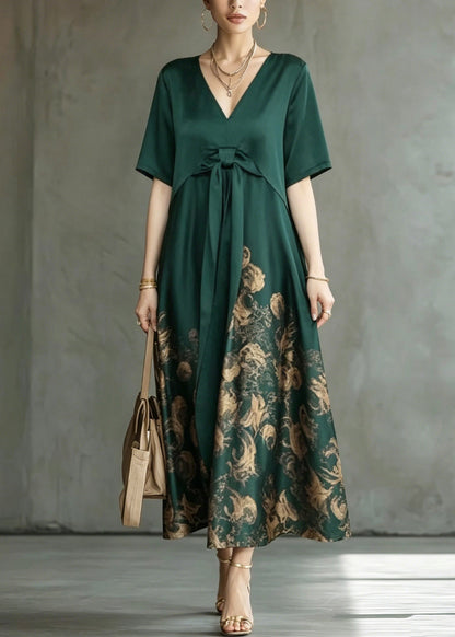Green Wrinkled Patchwork Maxi Dress Short Sleeve