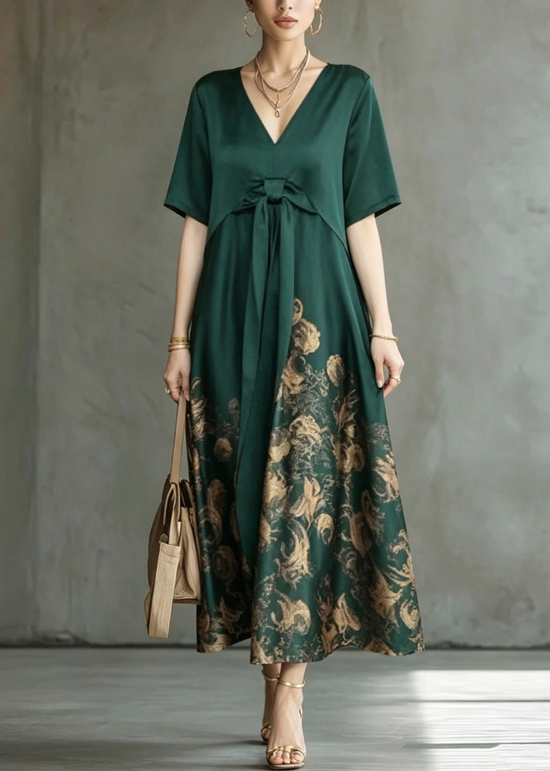 Green Wrinkled Patchwork Maxi Dress Short Sleeve