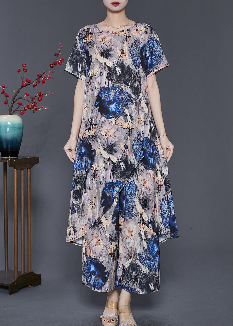 Grey Asymmetrical Print Chiffon 2 Piece Outfit Summer
