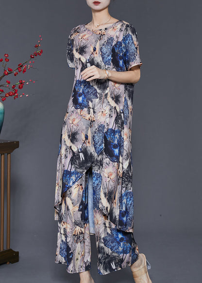 Grey Asymmetrical Print Chiffon 2 Piece Outfit Summer
