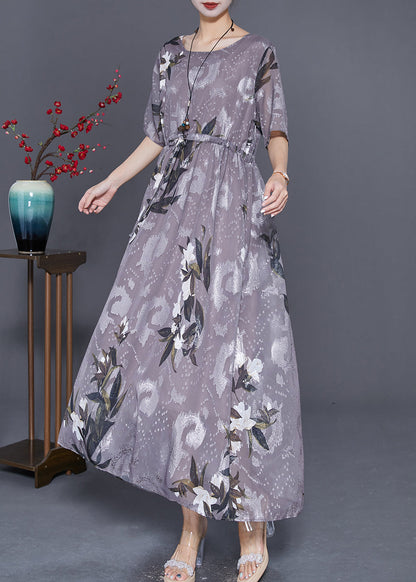 Grey Cinched Print Chiffon Long Dresses Summer