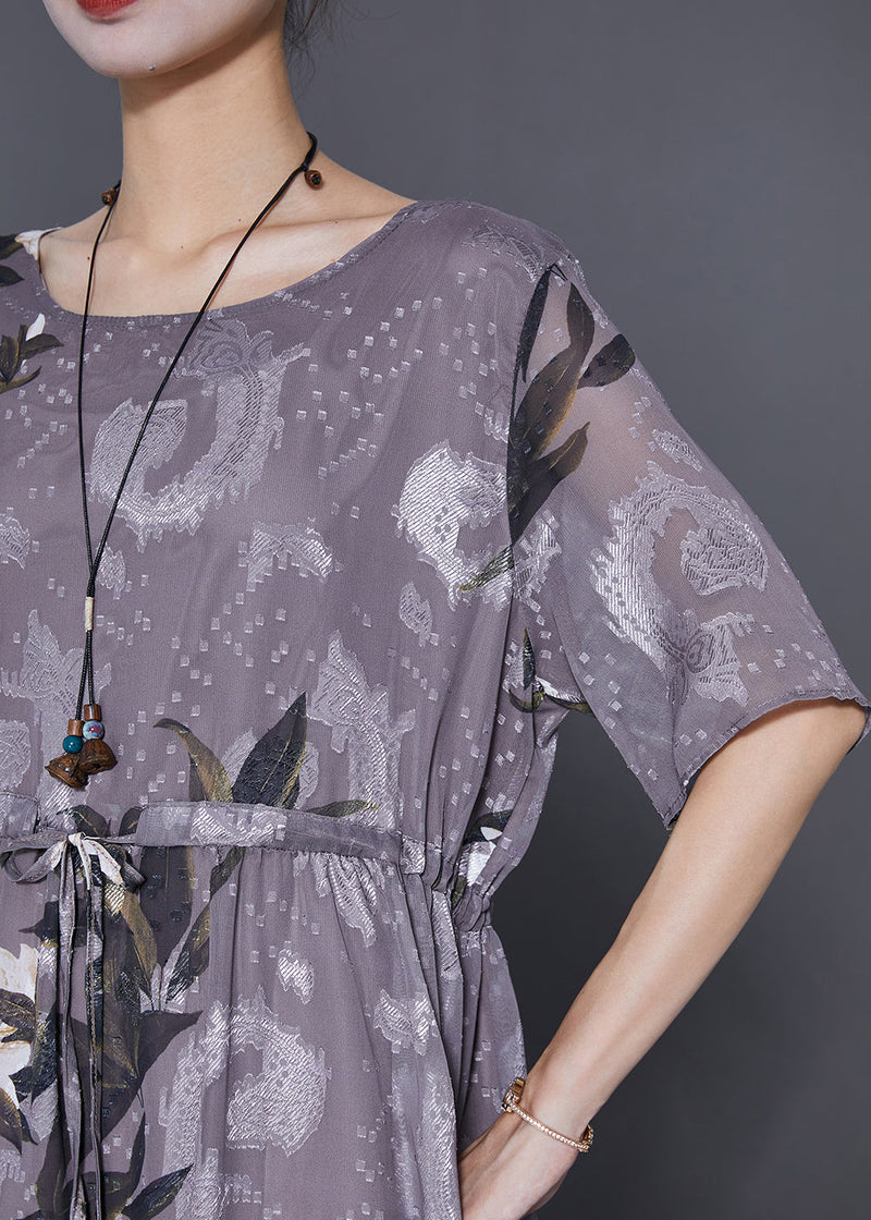 Grey Cinched Print Chiffon Long Dresses Summer