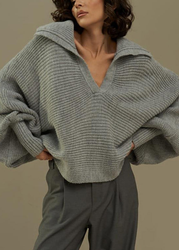 Grey Peter Pan Collar Thick Cotton Knit Sweaters Fall