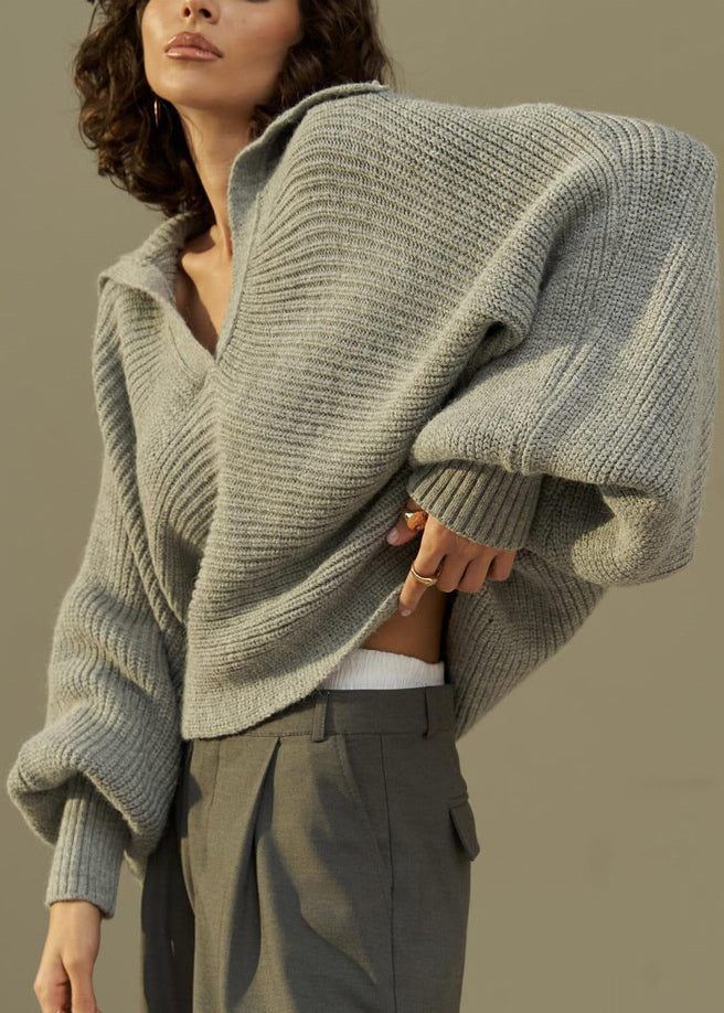 Grey Peter Pan Collar Thick Cotton Knit Sweaters Fall