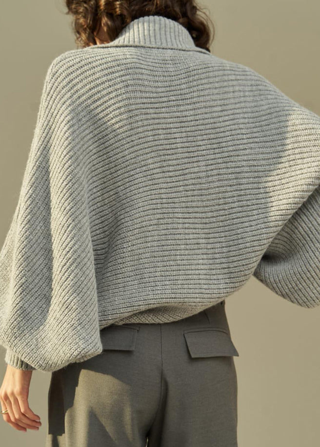 Grey Peter Pan Collar Thick Cotton Knit Sweaters Fall