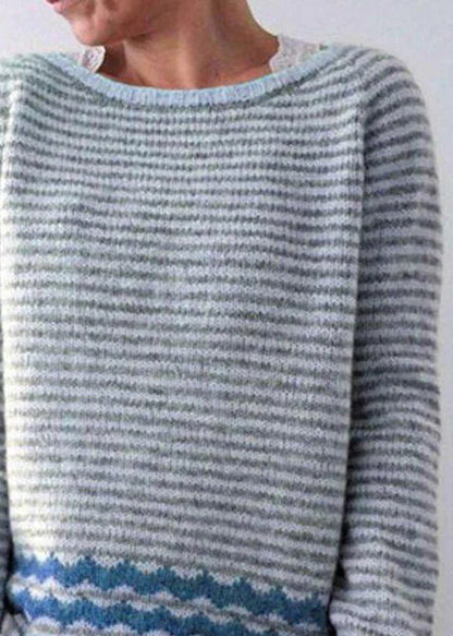 Grey Striped O Neck Cozy Knit Sweaters Fall