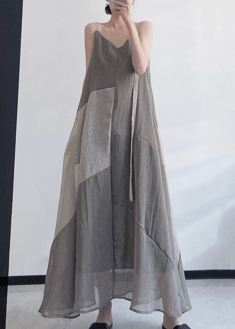 Grey V Neck Asymmetrical Design Patchwork Linen Spaghetti Strap Dress Sleeveless