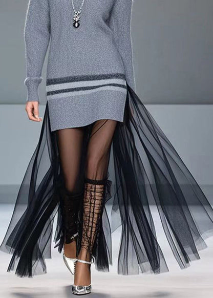 Grey V Neck Patchwork Tulle Knitted Dress Winter