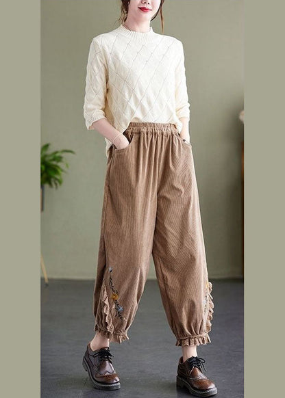 Khaki Embroidered Patchwork Lace Warm Fleece Corduroy Crop Pants Spring