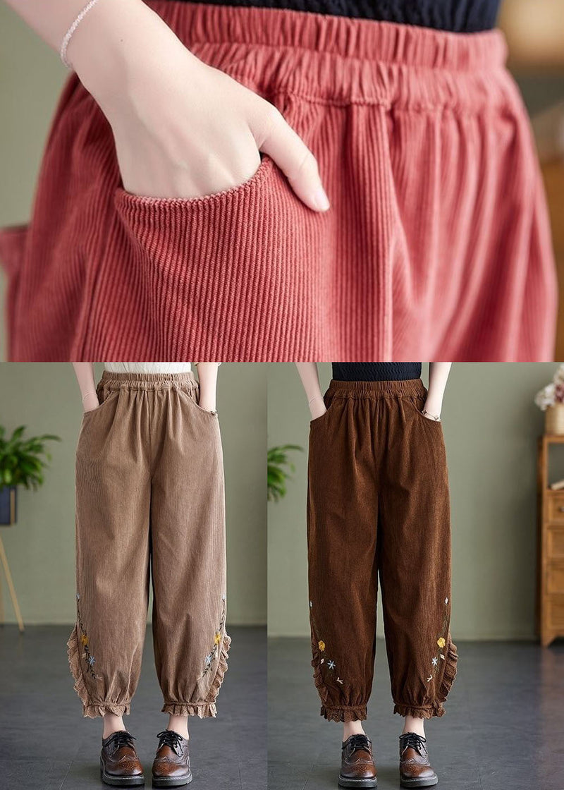 Khaki Embroidered Patchwork Lace Warm Fleece Corduroy Crop Pants Spring