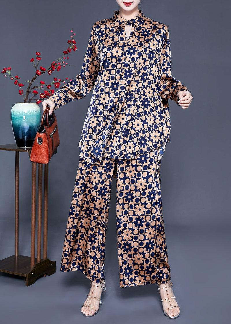 Khaki Stand Collar Print Silk Tops and Pants Two Pieces Set Summer