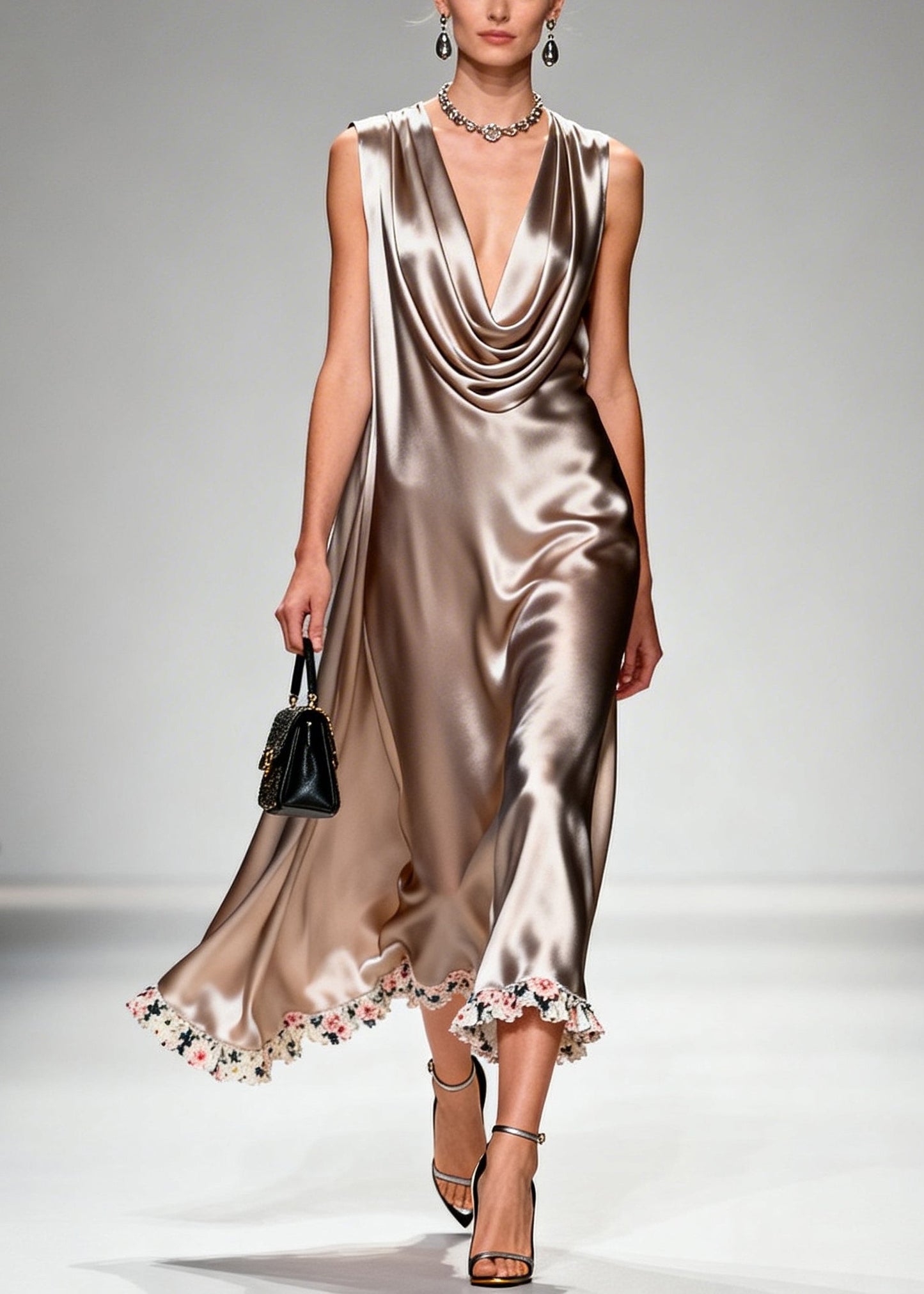 Khaki Turtle Neck Silk Long Dresses Summer