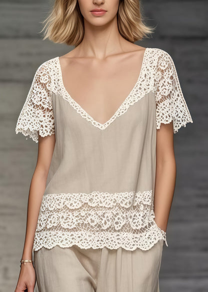 Khaki V Neck Lace Patchwork Two Piece Set Clothing Summer