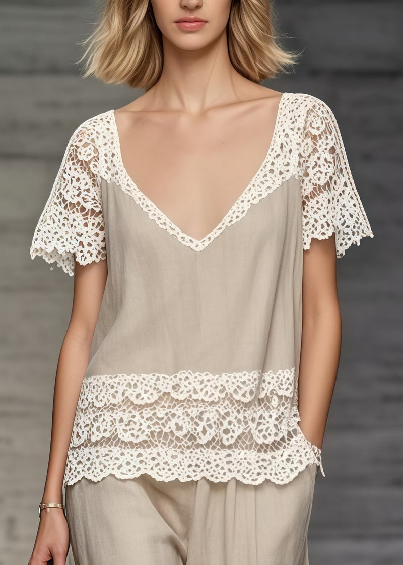 Khaki V Neck Lace Patchwork Two Piece Set Clothing Summer