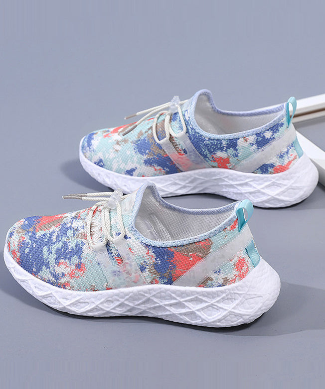 Lace Up Flat Shoes Red Print Knit Fabric
