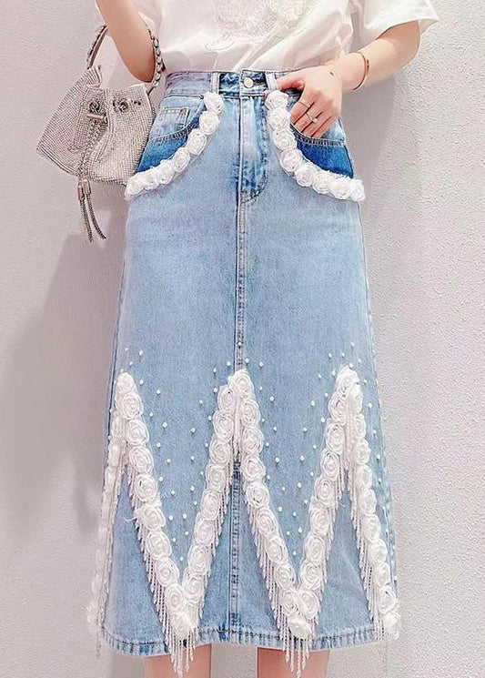 Light Blue Tassel Patchwork High Waist Denim Skirt Summer