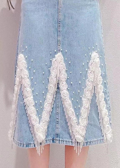 Light Blue Tassel Patchwork High Waist Denim Skirt Summer
