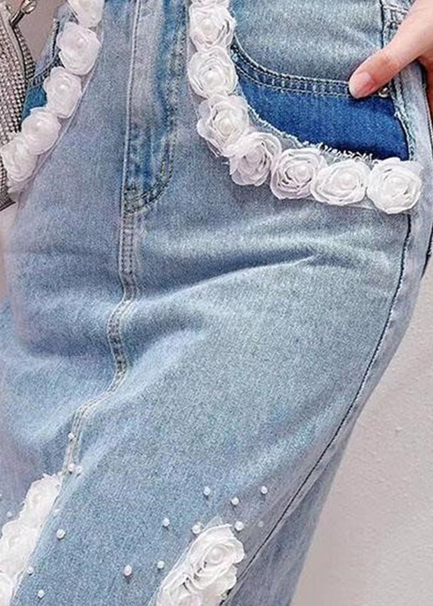 Light Blue Tassel Patchwork High Waist Denim Skirt Summer
