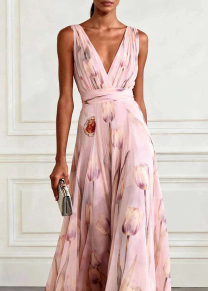Light Pink V Neck Print Long Spaghetti Strap Sundress Summer