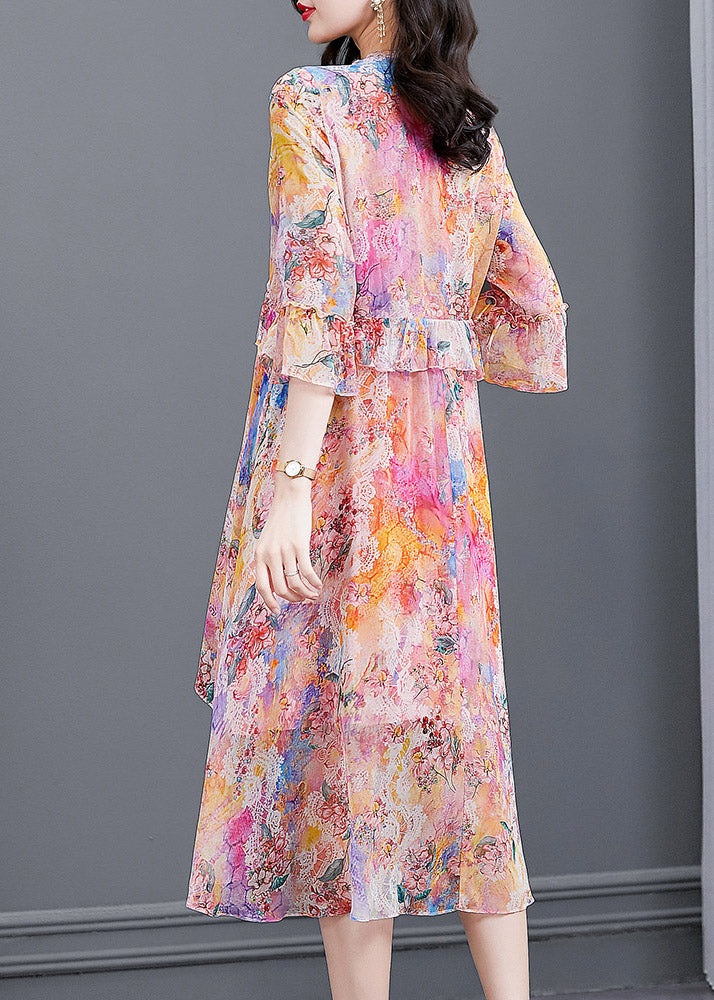 Light Pink V Neck Print Patchwork Flare Dress Fall