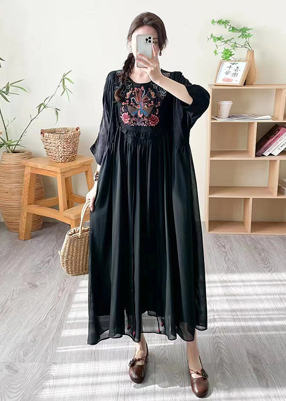 Loose Black O Neck Embroidered Patchwork Silk Dress Summer