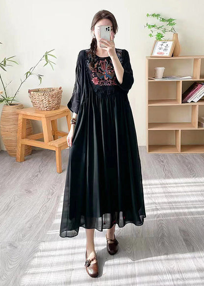 Loose Black O Neck Embroidered Patchwork Silk Dress Summer